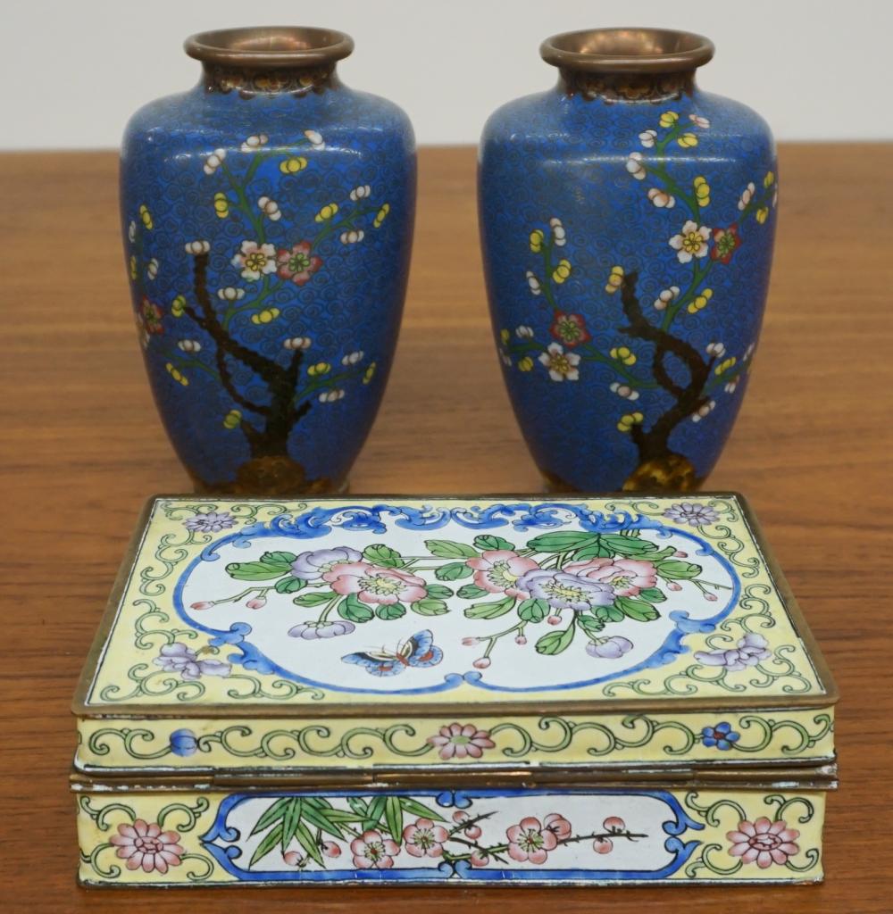 Appraisal: CHINESE ENAMEL BOX AND PAIR CLOISONNE VASESChinese Enamel Box and