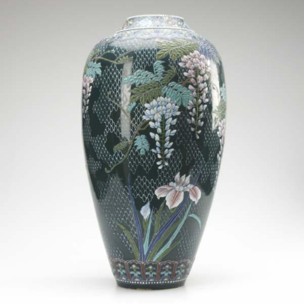 Appraisal: SATSUMA Moriage vase with wisteria and iris and fishnet design