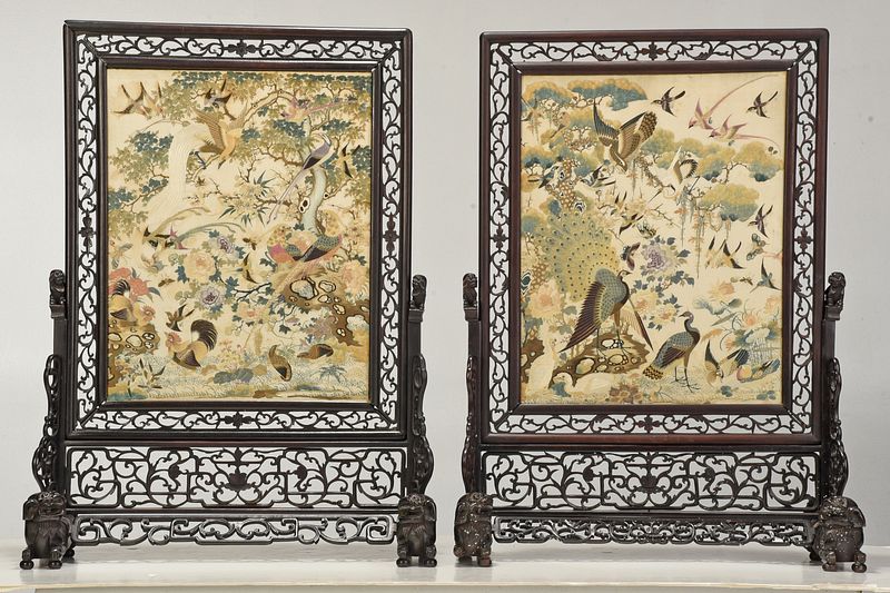 Appraisal: Fine Pair Chinese Silk and Hardwood Table Screens th century