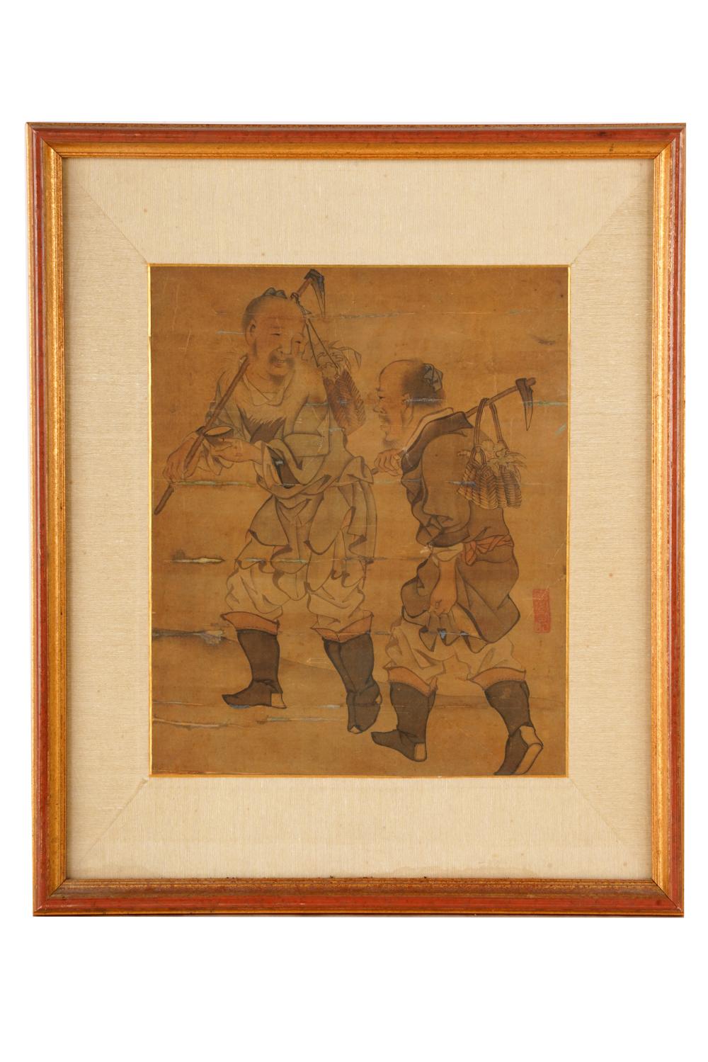 Appraisal: ASIAN FRAMED PRINTprinted on linen Condition with creases wear and