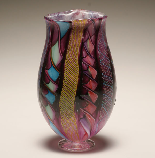 Appraisal: James Alloway studio glass footed vase Latticino and zanfirico canes