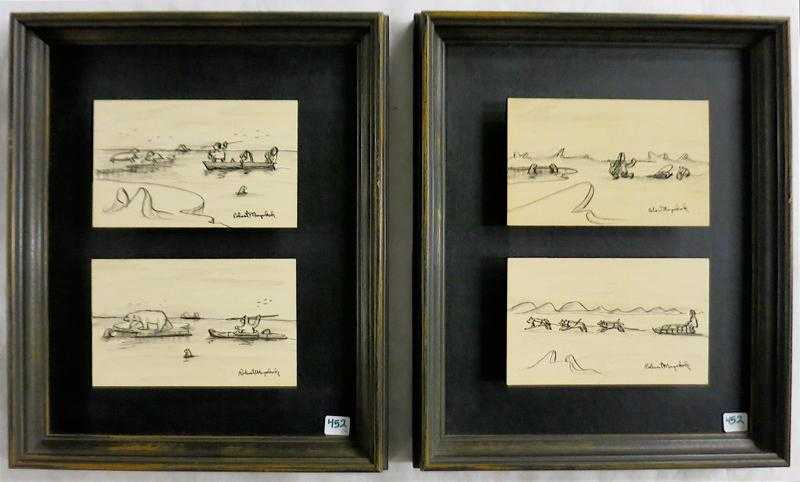 Appraisal: ROBERT MAYOKOK FOUR INK DRAWINGS ON BOARD Inuit - Hunting