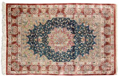 Appraisal: Finely woven modern silk rug pale salmon and blue central