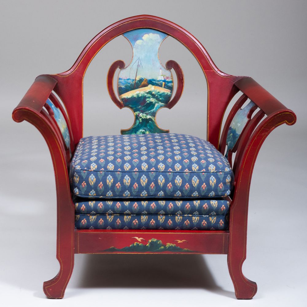 Appraisal: American Iron Red and Polychrome Painted Captain's Chair Fitted with