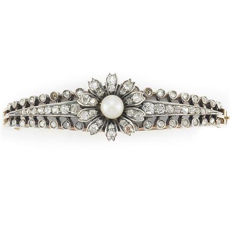 Appraisal: Antique Gold Silver Diamond and Pearl Bangle Bracelet Estimate -