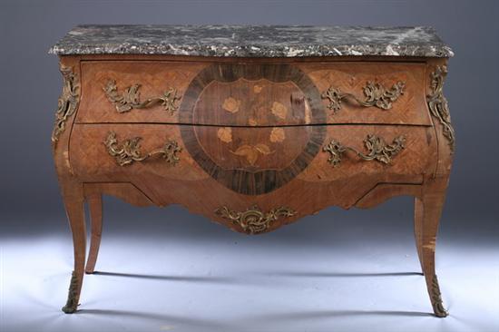 Appraisal: LOUIS XVI-STYLE PARQUETRY AND MARQUETRY INLAID BOMBE MARBLE-TOP TWO-DRAWER COMMODE