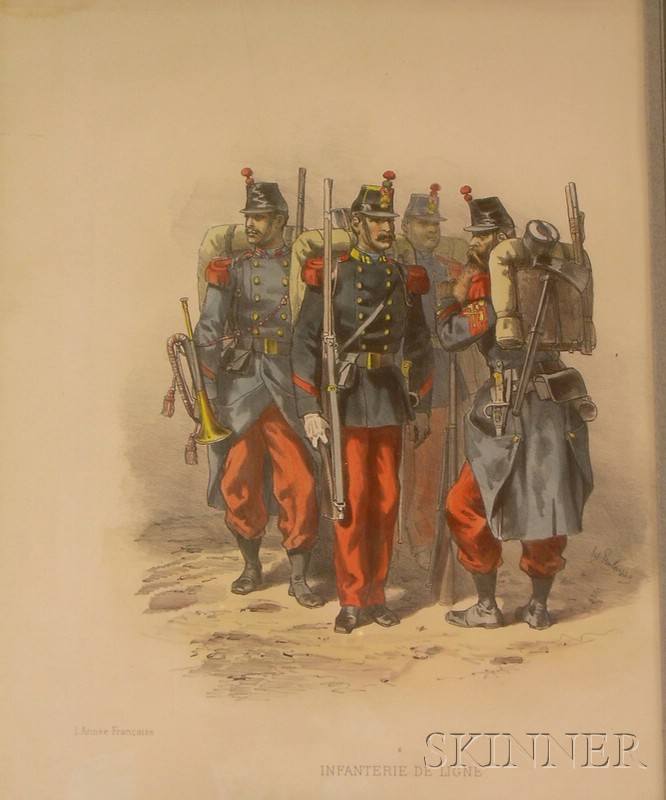 Appraisal: Two Framed Hand-Colored Lithographs Depicting Soldiers in the French Military