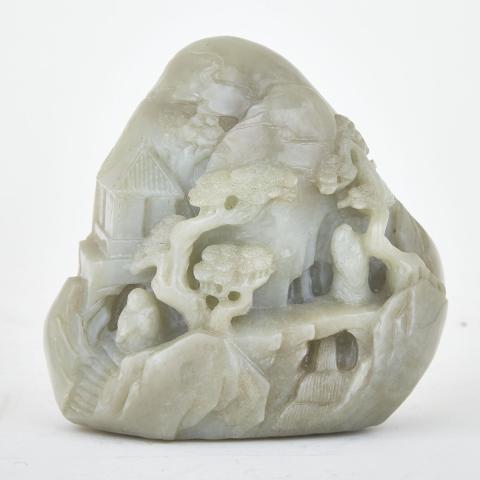 Appraisal: Pale Celadon Green Jade Scholar and Attendant Mountain The boulder-form