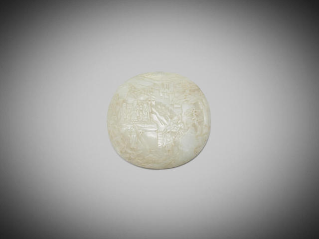 Appraisal: A Chinese carved white jade 'figure and landscape' circular plaque