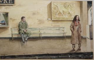 Appraisal: Th C Watercolor Of Two Young People In Subway Signed