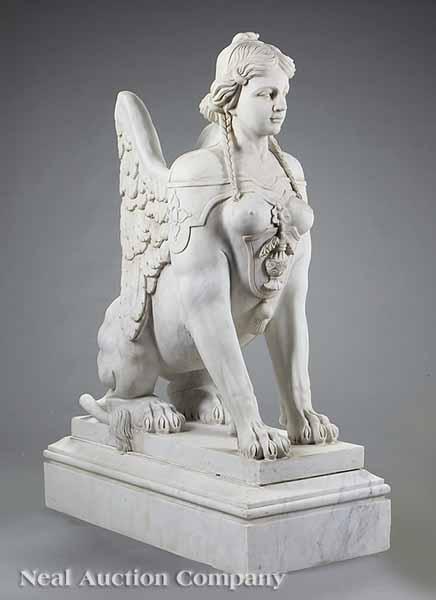 Appraisal: A Matched Pair of Monumental Continental White Marble Sphinxes in