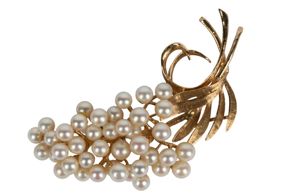 Appraisal: KARAT YELLOW GOLD PEARL SPRAY BROOCHcontaining approximately round cultured pearls