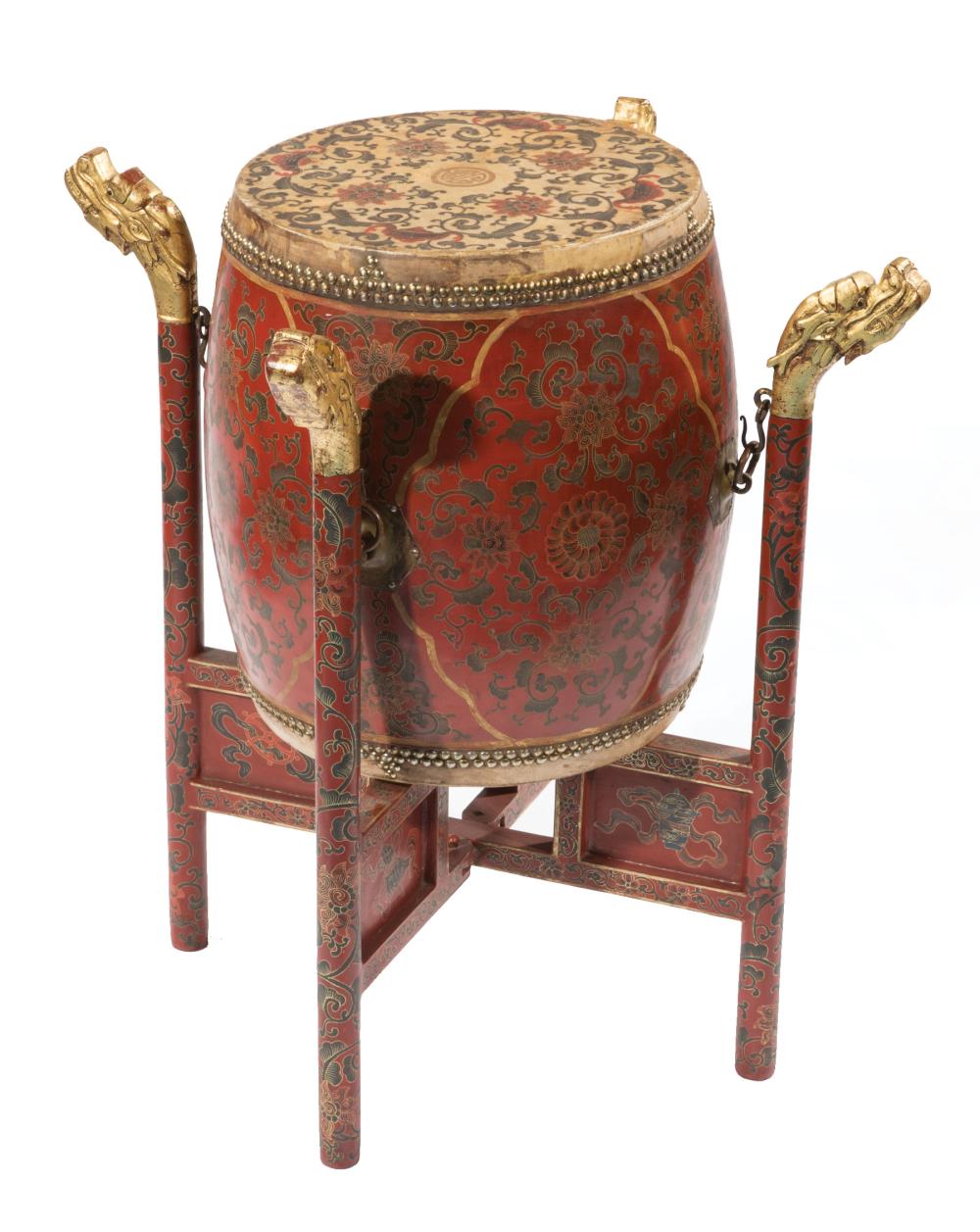 Appraisal: Chinese Polychrome and Gilt Decorated Red Lacquer Drum on Stand