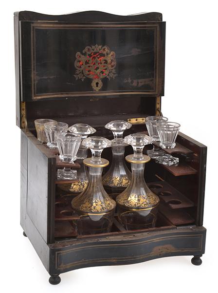 Appraisal: EARLY TH CENTURY FRENCH BOULLE INLAID TRAVELLING DRINKS SET FAULTS