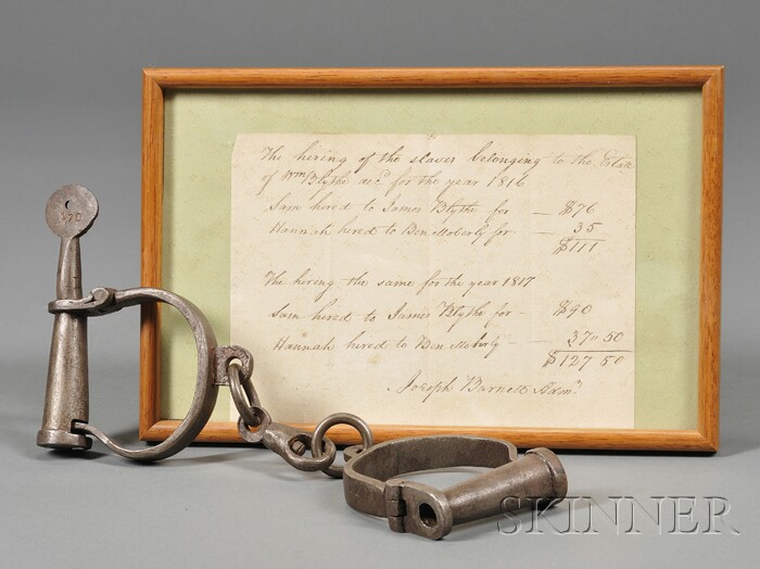 Appraisal: Pair of Wrought Iron Shackles with Framed Document Supporting Use