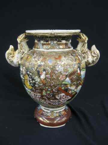 Appraisal: Japanese Satsuma Pottery Vase foo dog handles floral decor ''