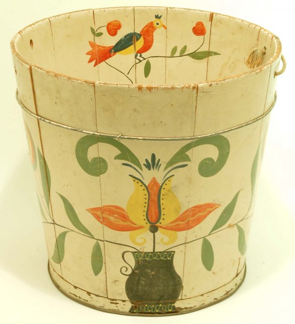 Appraisal: Painted staved wood bucket Pennsylvania Dutch motifs of tulips birds