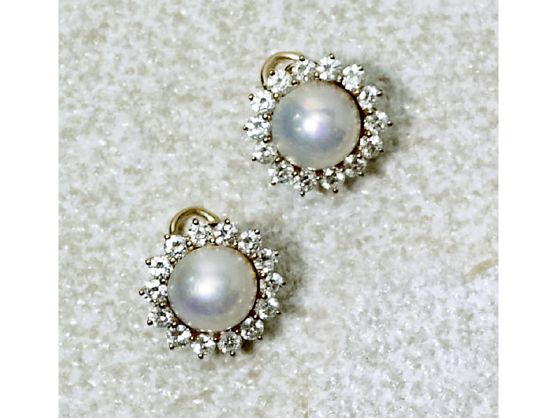 Appraisal: PEARL AND DIAMOND EARRINGS k yellow gold pierced earrings with