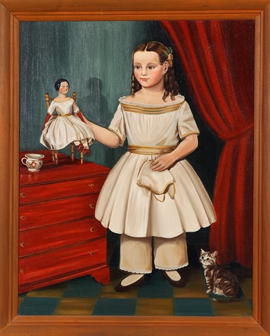 Appraisal: Girl with china doll and cat interior scene oil on