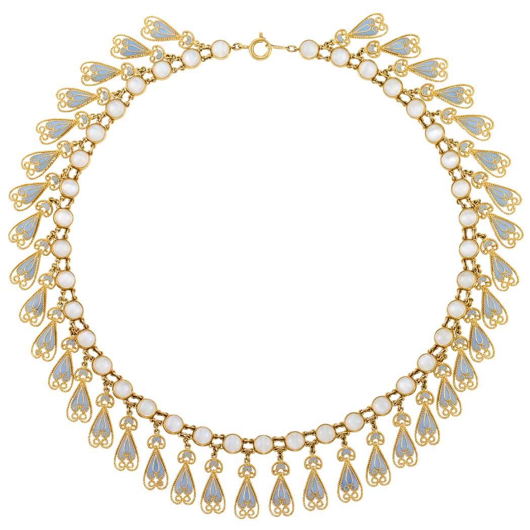 Appraisal: Gold Moonstone and Enamel Fringe Necklace Sophia D kt round