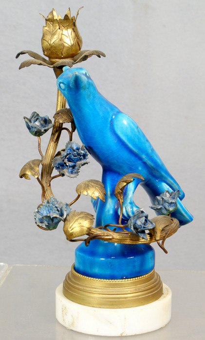 Appraisal: French candlestick with blue bird as is - h circa