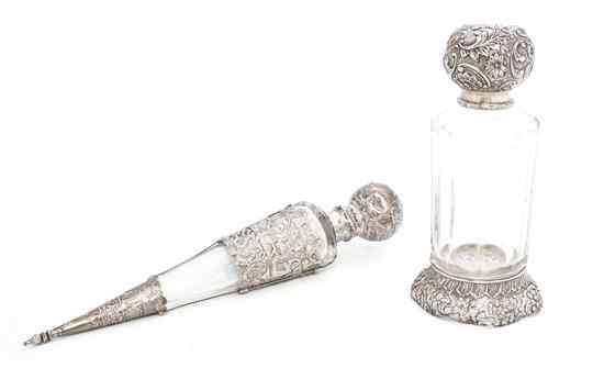 Appraisal: Two Continental Silver Mounted Faceted Glass Scent Bottles each with