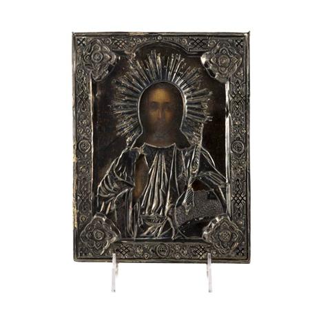 Appraisal: Russian Silver mounted Wood Icon of Christ Estimate -