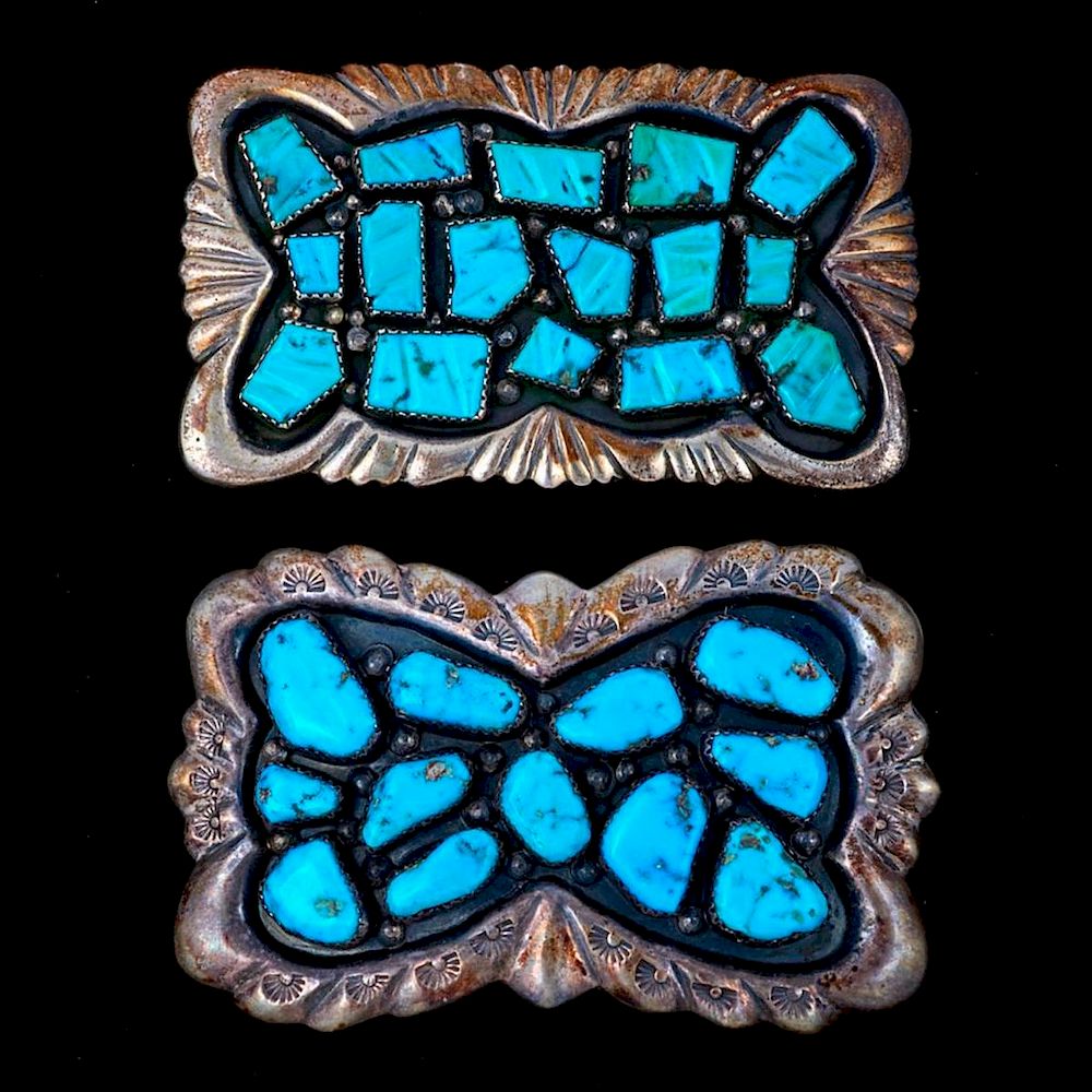 Appraisal: NAVAJO BELT BUCKLES Two Vintage old pawn turquoise and silver