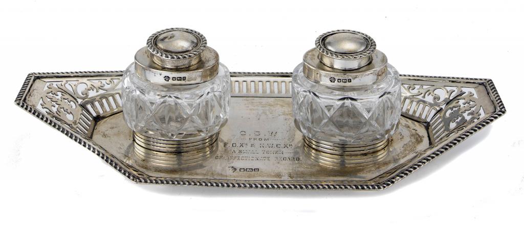 Appraisal: AN EDWARD VII INKSTAND the rope bordered octagonal tray with