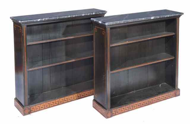 Appraisal: A PAIR OF REGENCY STYLE PAINTED OPEN FRONT BOOKCASES with