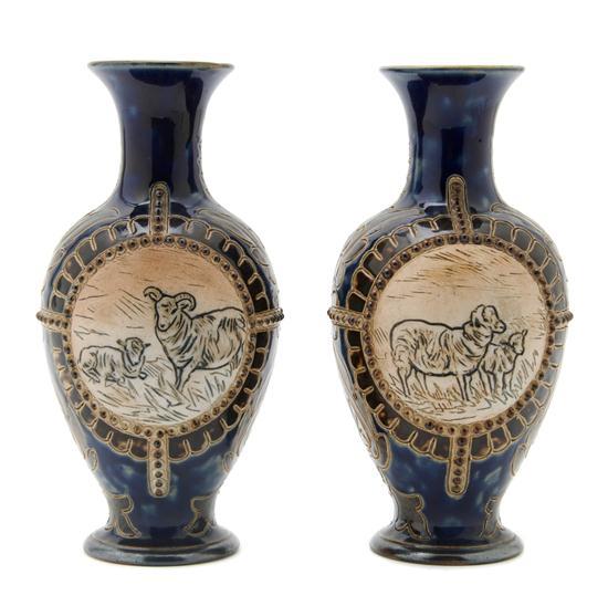 Appraisal: A Pair English Pottery Vases Doulton Hannah Barlow of baluster