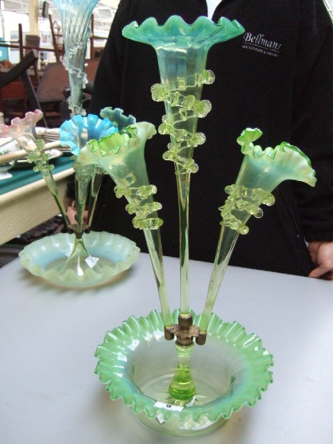 Appraisal: A Victorian three branch green glass epergne with green glass