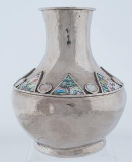 Appraisal: Lily Castillo Silverplate Inlaid Vase Created by Lily Castillo daughter