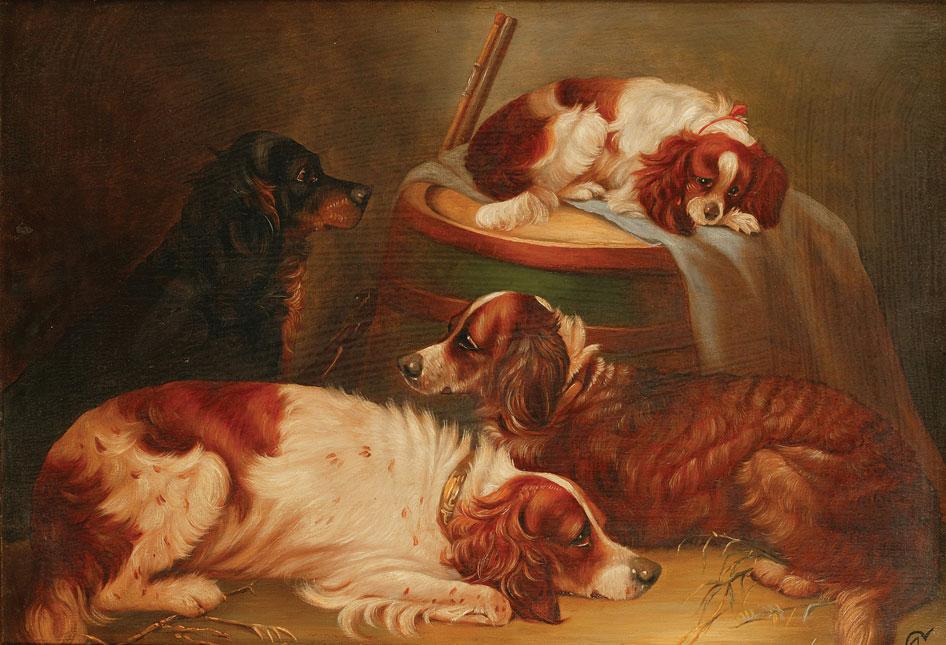 Appraisal: GEORGE ARMFIELD Dogs in an interior with a rifle leaning