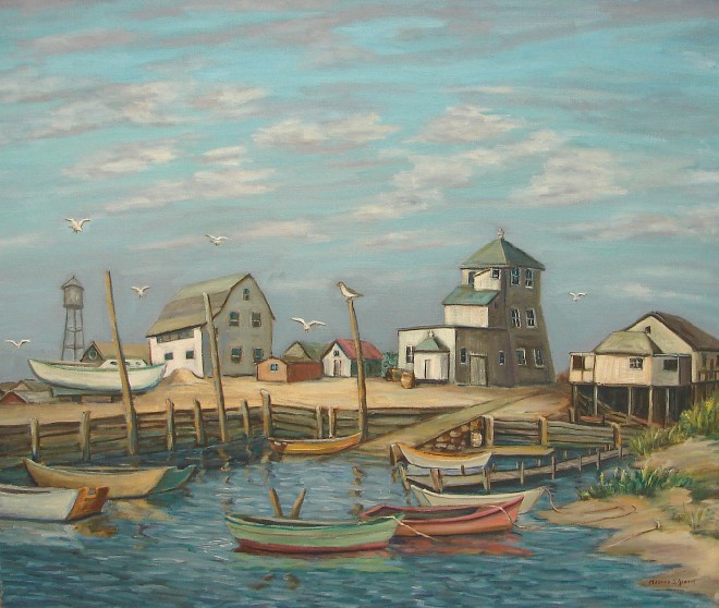 Appraisal: Mildred S Gehman Fishing village scene oil on canvas x