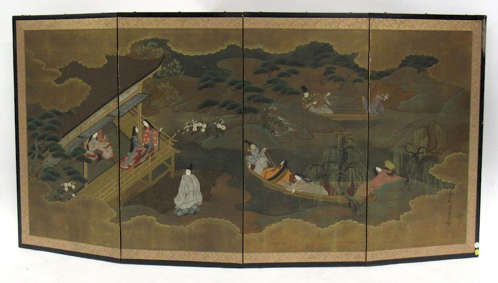 Appraisal: Four Panel Japanese Floor Screen Byobu Inscribed and signed bottom