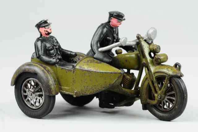 Appraisal: HARLEY DAVIDSON MOTORCYCLE WITH SIDE CAR Hubley cast iron olive