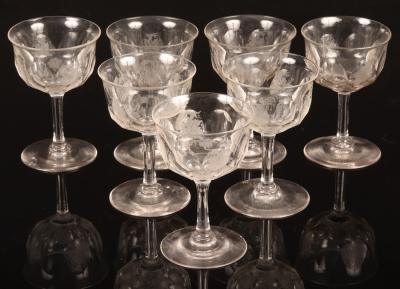 Appraisal: Seven wine glasses with etched grape decoration