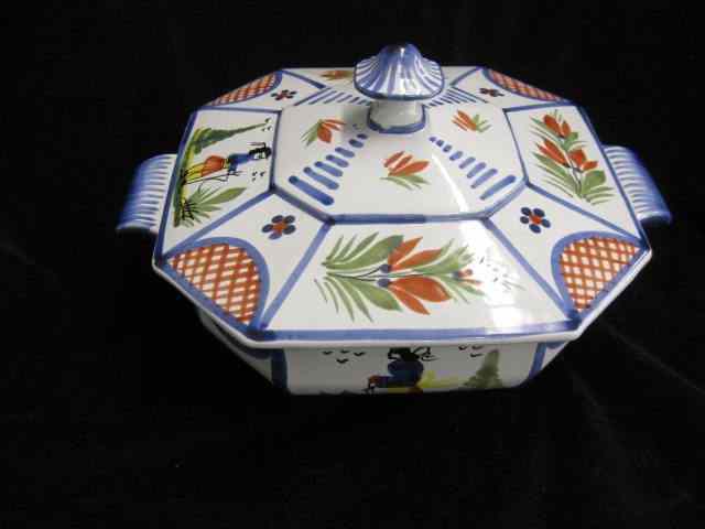 Appraisal: Quimper French Pottery Covered Dish peasant man floral on blue