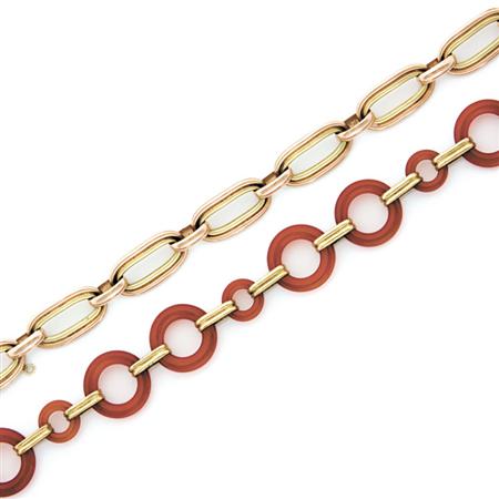 Appraisal: Gold and Carnelian Bracelet and Two-Color Gold Bracelet Estimate -