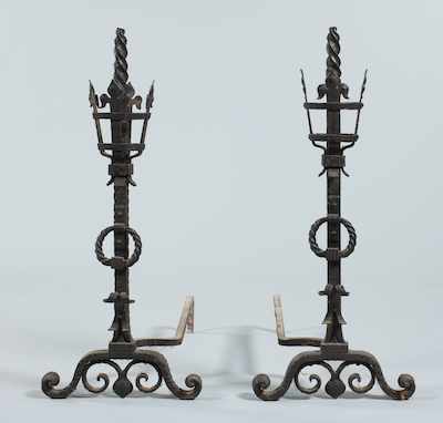 Appraisal: A Pair of Large Wrought Iron Andirons Apprx H x