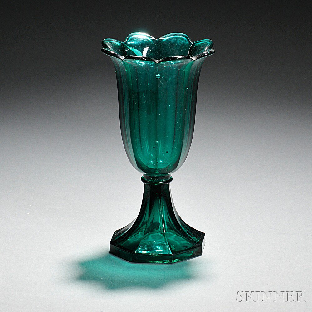 Appraisal: Peacock Green Pressed Glass Tulip Vase Sandwich Massachusetts - Boston