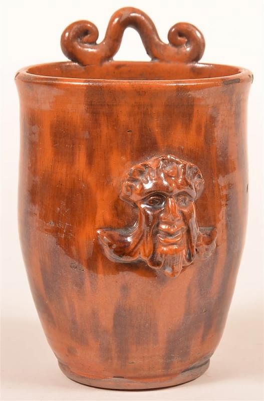 Appraisal: Shooner Redware Mottle Glazed Wall Vase Shooner Redware Pottery Mottle