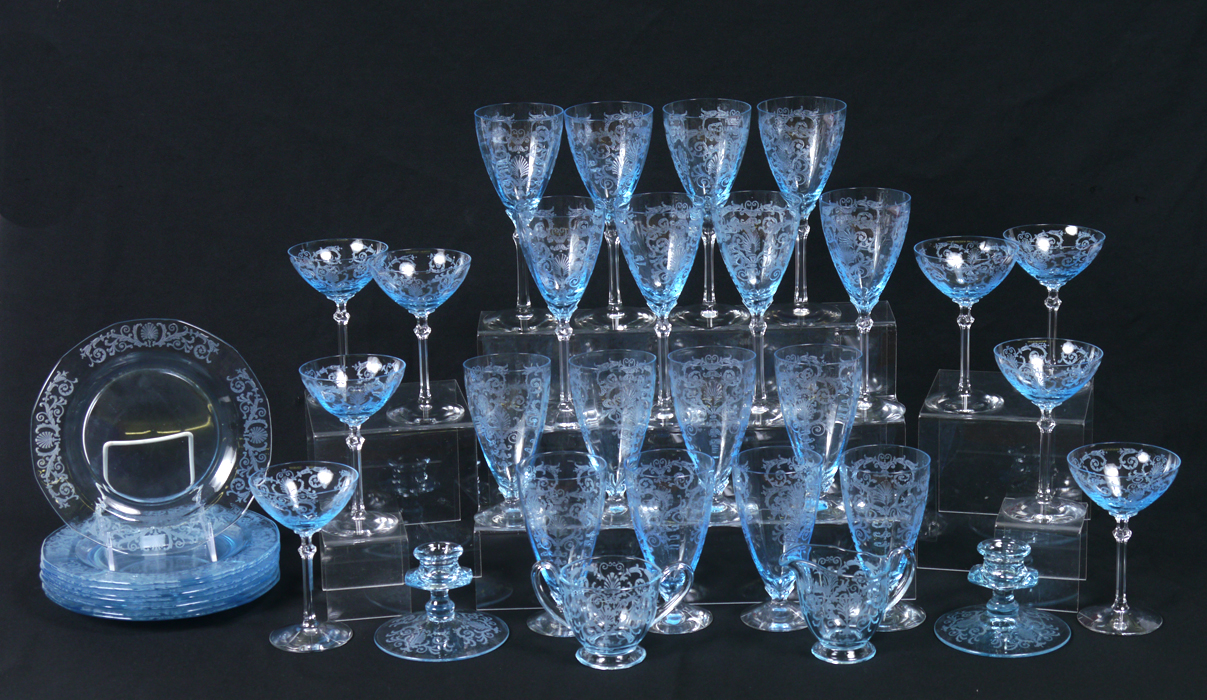 Appraisal: FOSTORIA VERSAILLE ELEGANT BLUE GLASSWARE Approx pieces to include plates