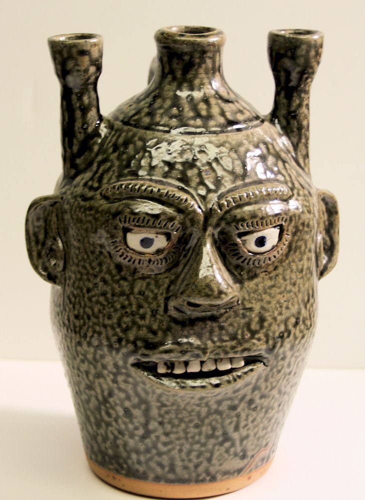 Appraisal: Outsider Art Alva Gusta Meaders Face Jug Candelabra-Green Meaders Alva