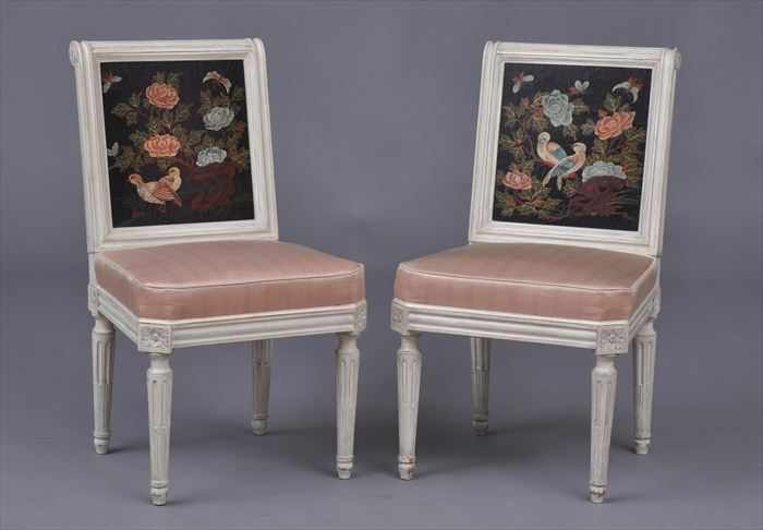 Appraisal: PAIR OF LOUIS XVI-STYLE CARVED AND WHITE-PAINTED CHAISES WITH CHINESE