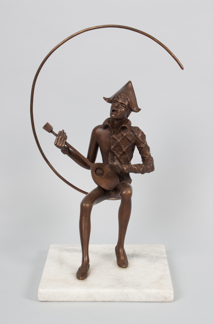 Appraisal: Gustavo Gutierrez Harlequin bronze Mexican Contemporary modeled as seated lute-playing