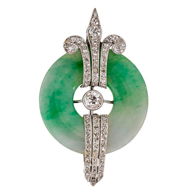 Appraisal: FRENCH ART DECO JADEITE AND DIAMOND PLATINUM JEWEL Condition Report