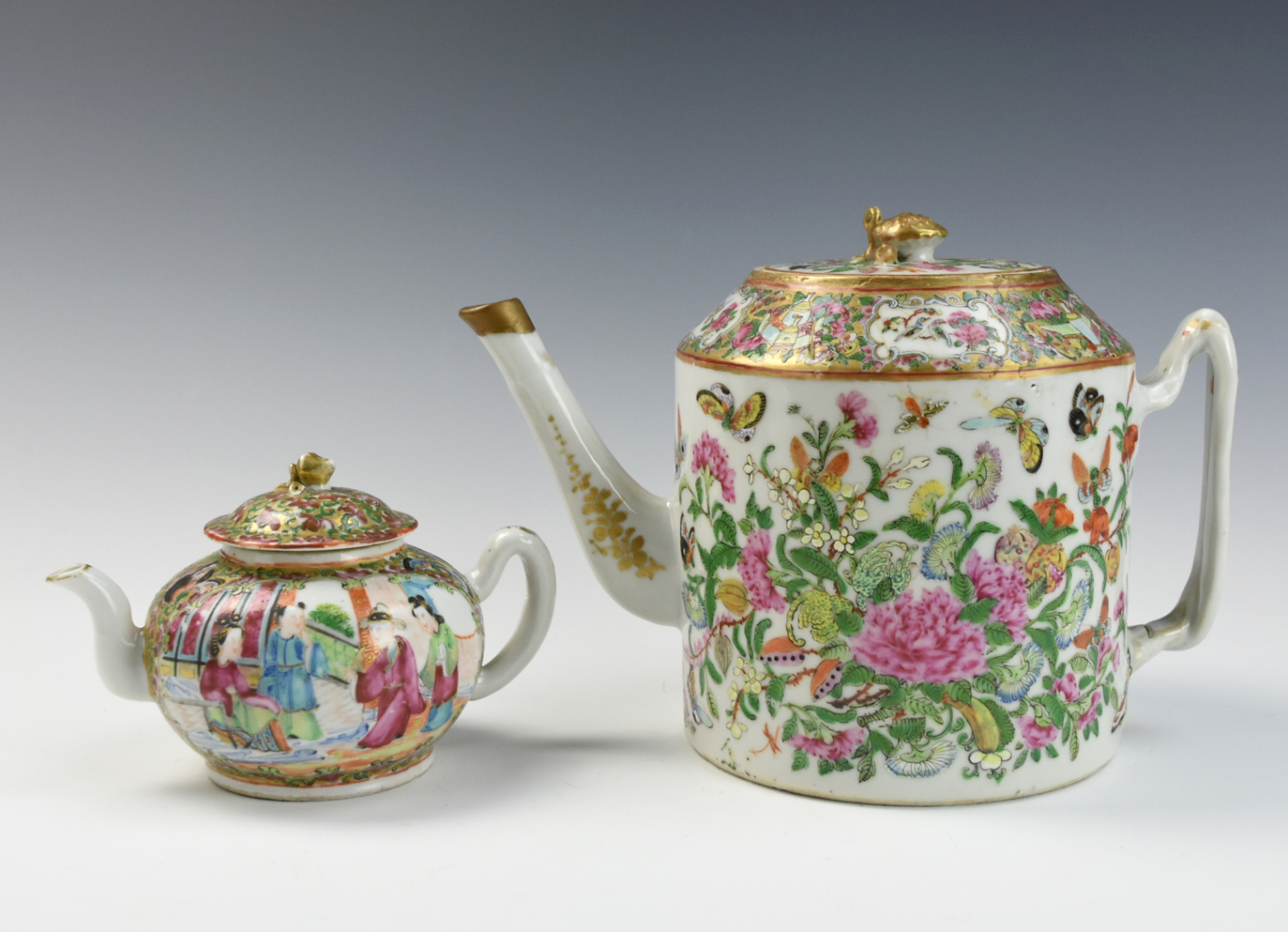 Appraisal: TWO CHINESE CANTONESE GLAZED TEAPOTS two th C each variously