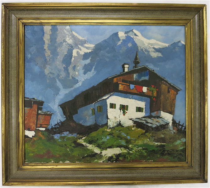 Appraisal: CABIN IN THE ALPS OIL ON CANVAS circa 's Image